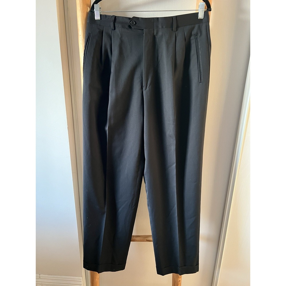 Black Solid Pleated Dress Pants Trousers Button Closure Pockets Made in Italy 34